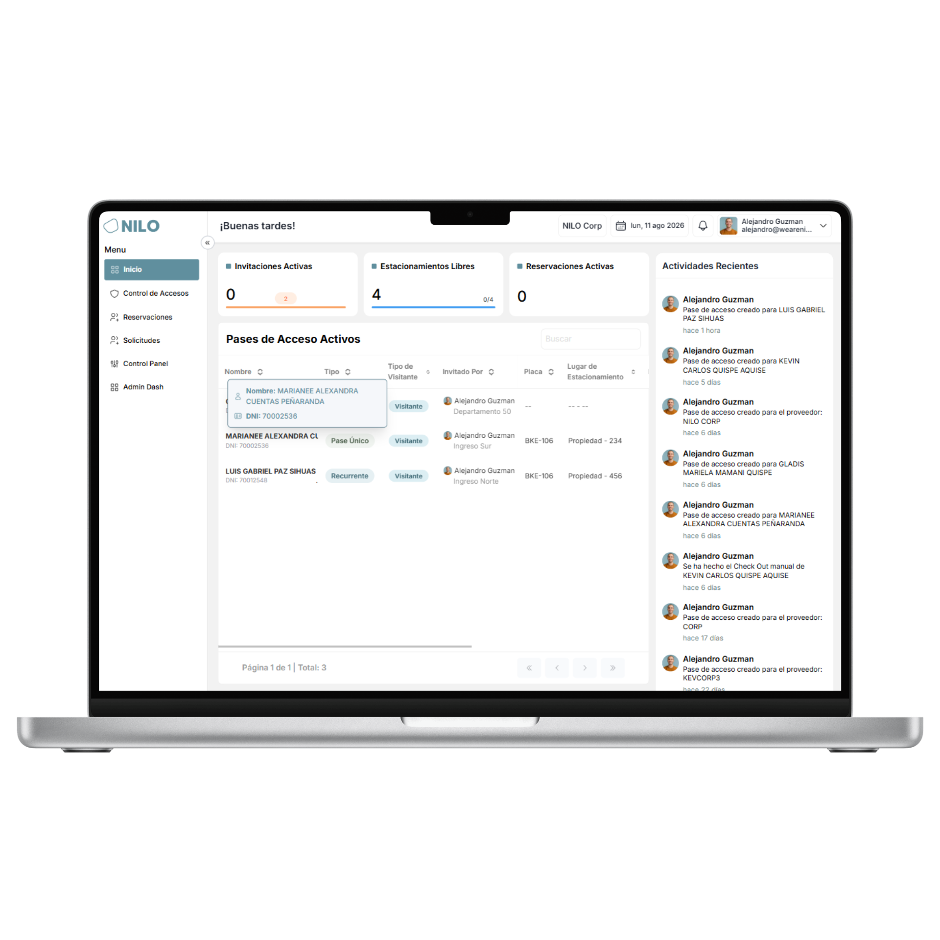 Dashboard NILO - Gestión de Accesos